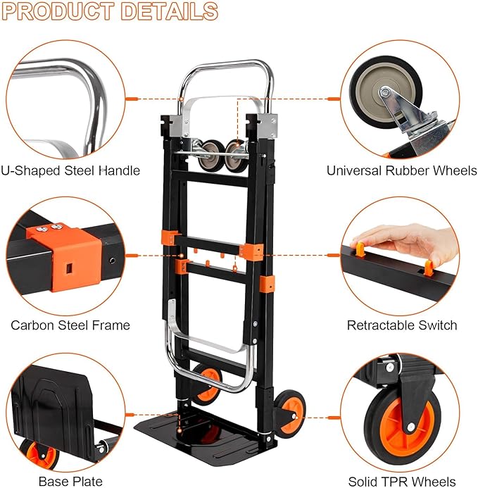 3-in-1 Aluminum Hand Truck Dolly, 660 lbs Heavy Duty Folding Trolley with Universal Wheels, Collapsible Platform Truck with Tie Down Straps for Warehouse, Supermarket, Office