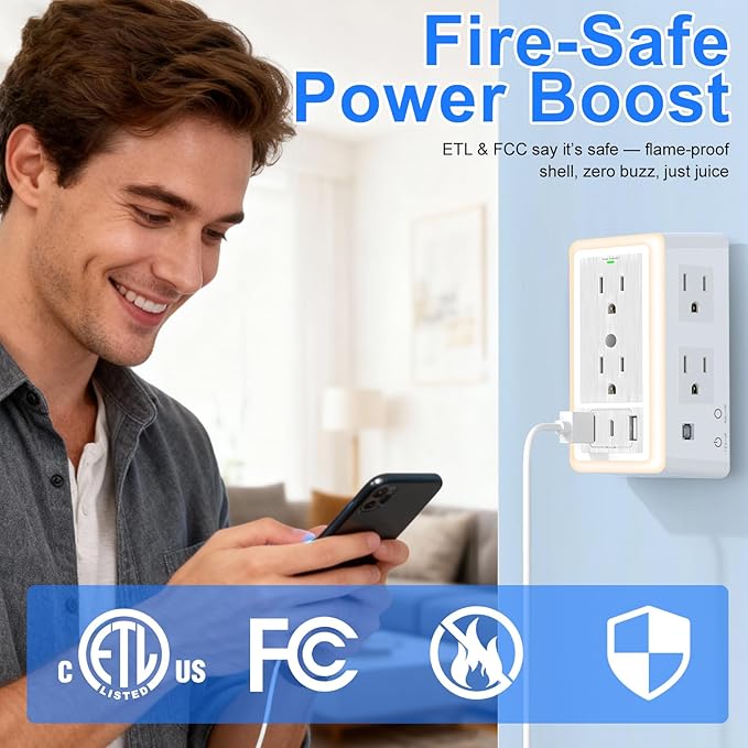 Wall Outlet Extender with USB Charging Ports 9 in 1 Plug Extension Block Multiple AC Outlets Splitter Power Hub Wall Tap 1500J Surge Protection Night Light Dusk to Dawn Sensor Switch ETL Listed