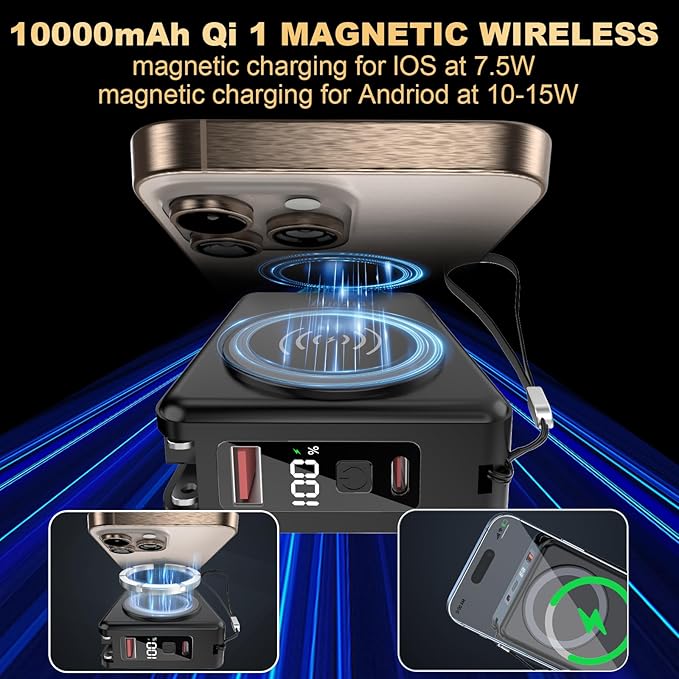 10000mAh Portable Charger Power Bank for magsafe, 22.5W Fast Charging Wall Plug Power Bank for iPhone Andriod Sumsung 5 in 1 Travel Wireless Charger Built in USB C Lightning Cables-B