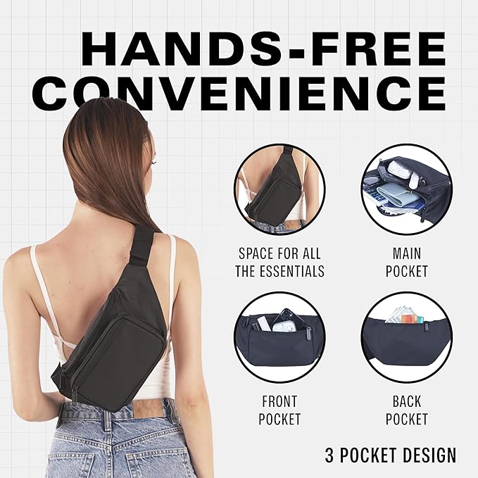 Black Fanny Pack Belt Bag I Mens Fanny Packs for Women Fashionable - Crossbody Bag Bum bag Waist Bag Waist Pack - Hands Free for Hiking, Halloween, Running, Travel, Waterproof and more