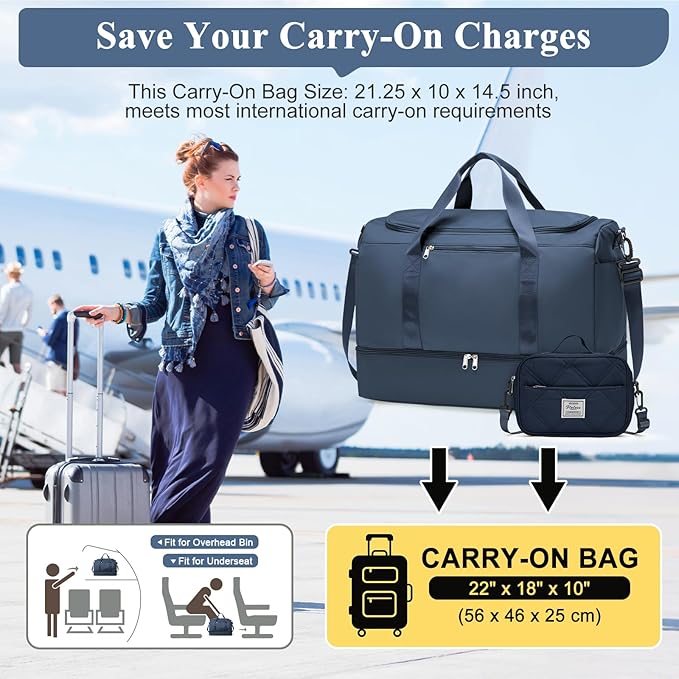 Extra Large Travel Duffle Bag,Carry on Overnight Bag with Shoes Compartment,Weekender Bags for Women for Travel Business Trips Sport Hospital,3 Pcs Set,Dark Blue