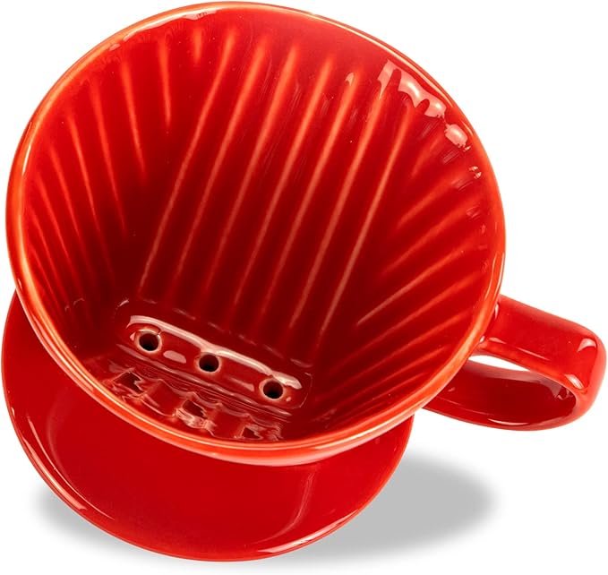 Pour Over Ceramic - Coffee Dripper Ceramic Coffee Maker with 3 Holes Flat Bottom, Porcelain Slow Filter Cone for Travel, Camping, Office, Home, Coffee Maker Brew, Red