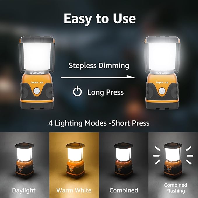 Lepro 1000LM Battery Powered LED Camping Lantern, Orange Tent Light with 4 Light Modes, Camping Essentials, Waterproof Lantern Flashlight for Camping, Emergency Light, Power Outage, Not Rechargeable