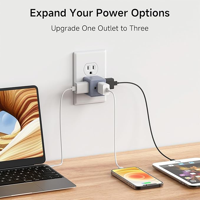 [ETL Listed] Cable Matters 3-Pack 3 Outlet Wall Adapter (Grounded Cube Tap, Outlet Splitter, 3 Way Plug Adapter, 3-Prong Power Splitter), Gray