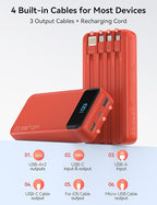 Portable Charger, 20000mAh 22.5W Fast Charging Power Bank with 4 Built-in Cables, Travel Essentials External Battery Pack with LED Display, 6 Outputs Charging Bank for iPhone, iPad, Samsung etc Red