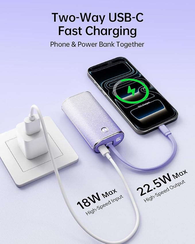 iWALK Sparkly 10000mAh Portable Charger, 22.5W Fast Charging Small Power Bank with Built-in USB-C Cable, Diamond Glitter Ultra-Compact Battery for iPhone 17/17 Pro/16/16 Pro/15, Samsung,ShinyPurple
