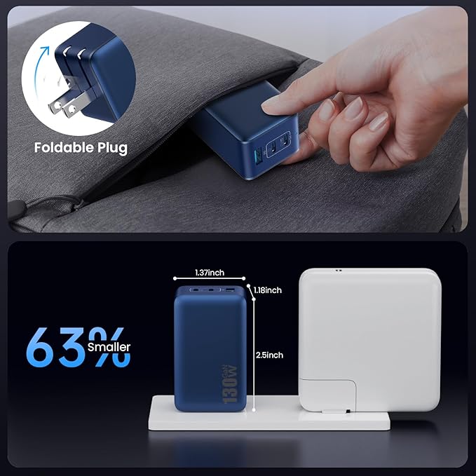 130W USB C Wall Charger,GaN III 3-Port Fast Charging Station,PD QC Foldable Charger Block Portable 65W USB C Laptop Adapter for MacBook Pro/Air,iPad Pro,Galaxy S23,Dell XPS 13,iPhone 16
