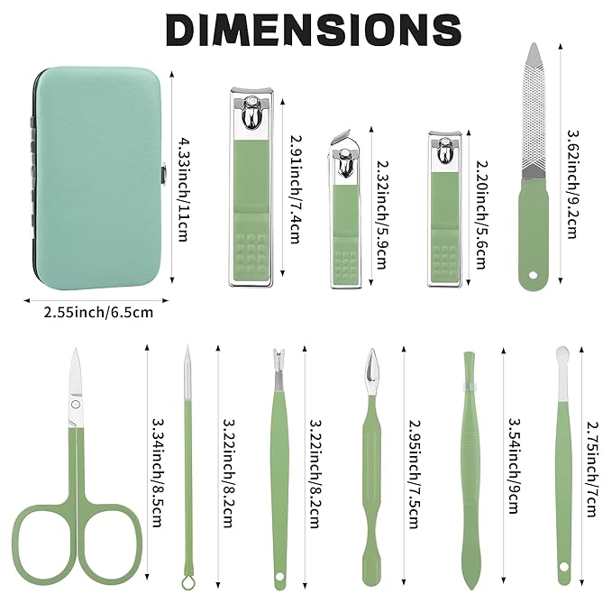 Manicure Set Gift for Women Men, Easter Basket Stuffers for Teens Boys, 10 In 1 Finger and Toe Nail Clippers Kit, Men's Grooming Pedicure Tools with Portable Travel Case, Matcha Green