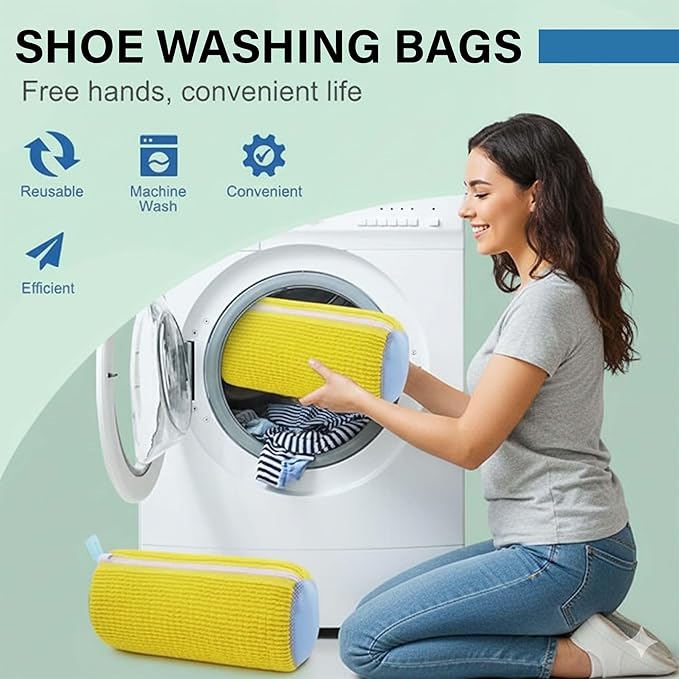 Shoe Washing Machine Bag for Washer & Dryer, Mesh Laundry Shoe Bag with Brush & Shoe Trees, Sneaker Cleaning Bag, Reusable Shoe Cleaner, Fits Up to Size 13