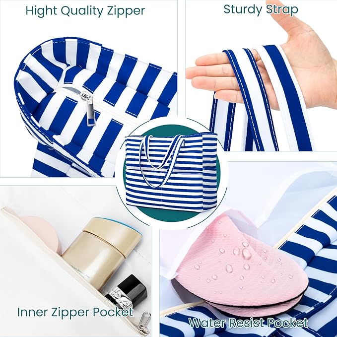Iioscre Beach Bag for Women, Causal Hobo Pool Bags with Zipper Inner Pocket, Foldable Swim Tote Bag for Vacation Essentials