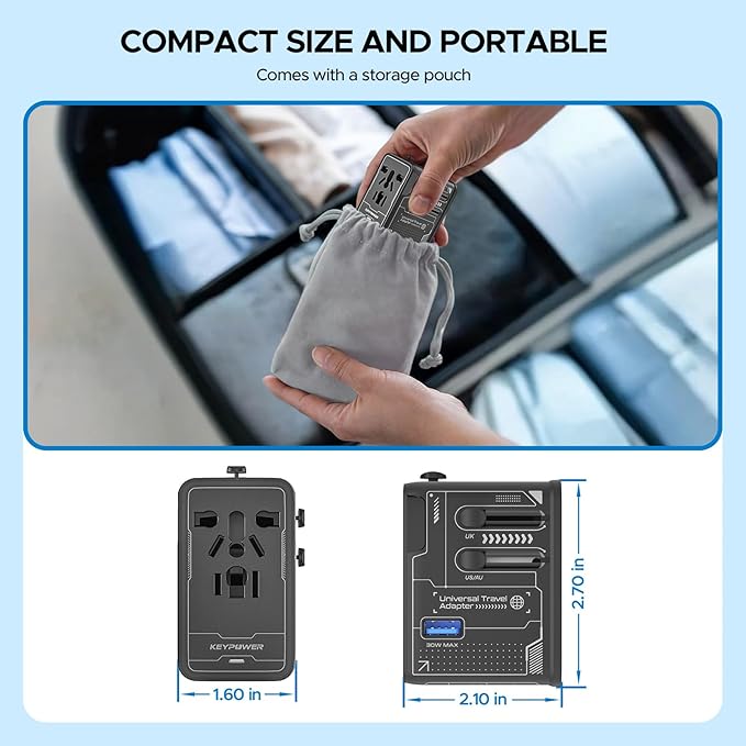 Universal Travel Adapter, 75W GaN International Power Adapter with 3 USB C and 1 USB A, All in One Travel Plug Adapter, Worldwide Outlet Wall Charger Converter for EU US UK AU 200+ Countries.