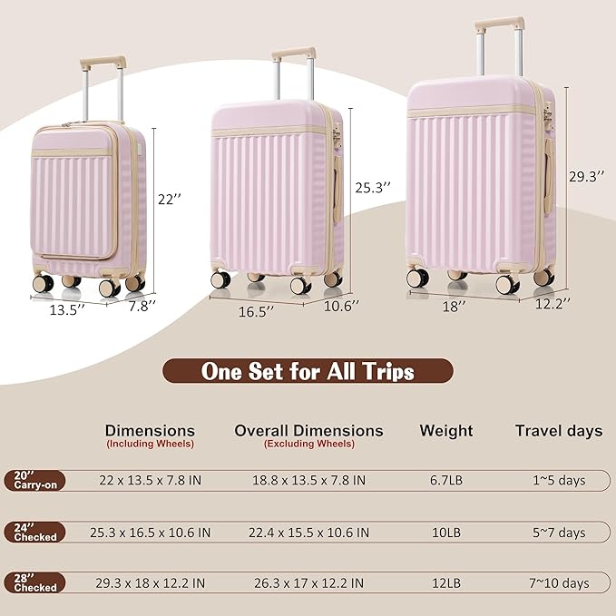Merax 3 Piece Luggage Set ABS Hardside Suitcase Sets with Spinner Wheels and TSA Lock, 20 inch with Front Opening Design and USB Port, 20" Airline Certified Carry-on Luggage, 20" 24" 28", Light Pink