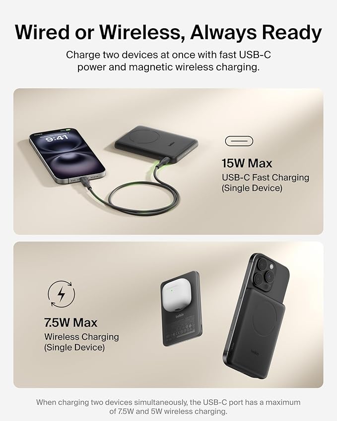 Belkin MagSafe Power Bank 5,000mAh, Ultra-Slim Portable Charger Magnetic Back Supports MagSafe Accessories On-The-Go, Wireless Battery Pack w/USB C Cable for iPhone 17, Pixel 10, Travel - Black