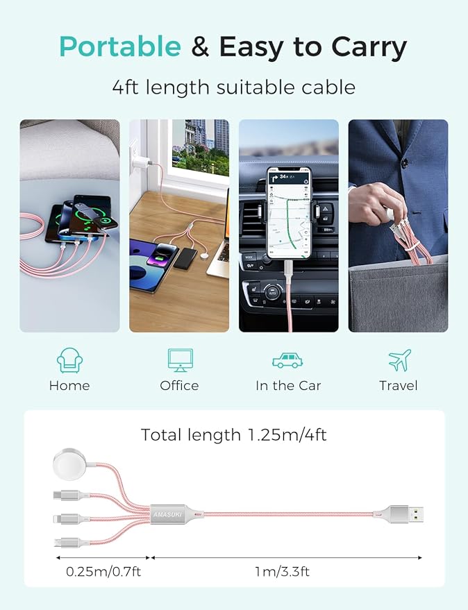 2Pack Multi Charging Cable for Apple Watch Charger 4 in 1 Travel Essentials RV Camping Essentials USB C/L/Micro Compatible with iWatch Series 11-1/iPhone 17/16/15/Android Airplane Gadgets-4FT/Pink