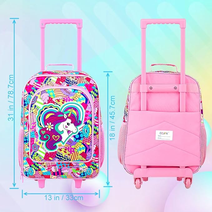 2Pcs Girls Luggage Set, 18" Kids Unicorn Carry on Suitcase with Wheels, Cute Unicorn Travel Rolling with 12" Toddler Backpack(Pink)