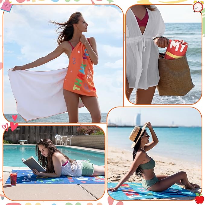 12 Pcs Thank You Teacher Oversized Microfiber Beach Towels Set 30 x 60 Extra Large Fiber Swim Pool Towel Absorbent Bath Blanket for Travel Vacation Accessories Gift Spa Lightweight