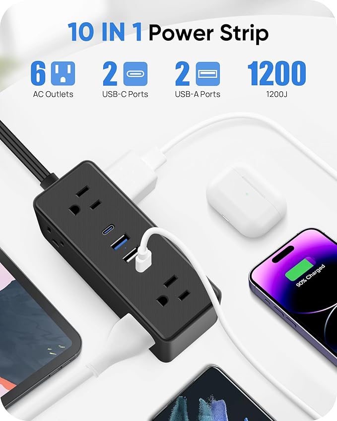 Electrical Outlet Extender Stick, Features 4 USB & 6 Outlets, 19in Flexible Extension Cord Access Hard-to-Reach Outlets, Wall Plug Power Socket Expander Nightstands Sofa Desk
