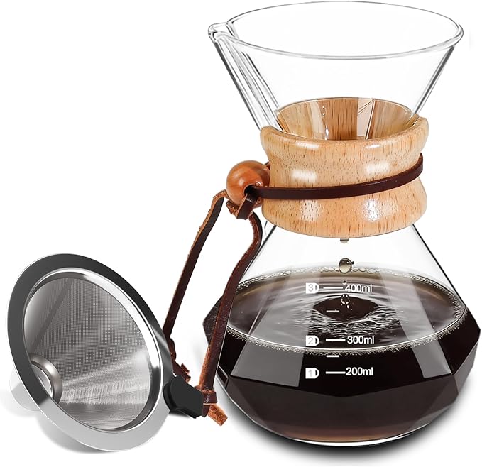 Coffee Pour Over 13.5oz 400ml High Borosilicate Glass Pour Over Coffee Maker Set Camping with Reusable 304 Stainless Steel Filter Hand Brew Carafe Drip Suitable for Electric Ceramic Stove