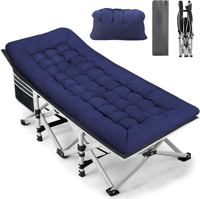 Fragess Portable Camping Cot, Sleeping Cot for Adult, 28" Extra Wide Heavy Duty Folding Cot Max Load 600LBS with Thick Mattress, Portable Camping Bed for Camp Outdoor/Office, Home Nap (Blue)