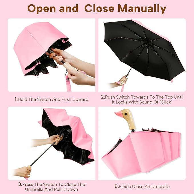 Compact Small Umbrellas for Rain&Sun, Cute Design Duck Head Umbrella for Girls Gifts, 8 Ribs Folding Umbrella with Wooden Handle