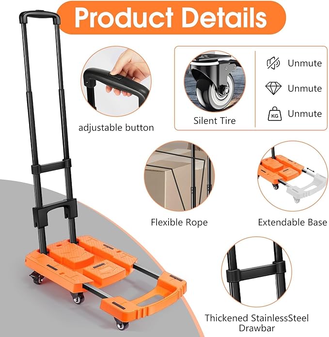 Folding Hand Truck with 6 Wheels and Elastic Ropes - Portable Heavy Duty Dolly Cart for Travel and Moving