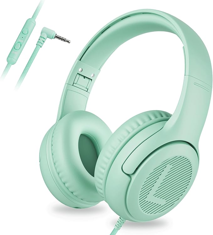 awatrue Kids Headphones for School Travel, 85/94dB Safe Volume Limit, 3.5mm Jack, HD Mic, Portable Wired Headphone with Shareport, Stereo Sound On-Ear Headphones for Toddler Kids Girls Boys Green