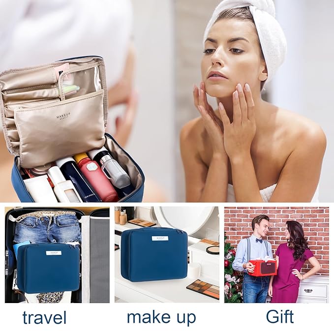 Queboom Travel Makeup Bag Cosmetic Bag Makeup Bag Toiletry bag for women and men (Navy blue)