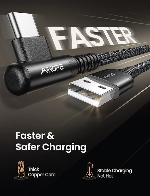 AINOPE Type C Charging Cable Fast Charge 3.1A Right Angle USB C Charger Cable, Resistant Nylon Braided USB C Cord -10ft/3m Black