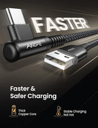 AINOPE USB Type C Cable 5-Pack [10/6.6/6.6/3.3/1.6ft] 3.1A C Type Charging Cable Right Angle, Nylon Braided USB C Cable Compatible with Galaxy S22 S20 Plus, Note 20, LG V20, Type C Charger Black