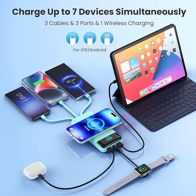 Wireless Portable Charger 40800mAh for iPhone with 3 Built-in Cables,7-in-1 15W Wireless Charging USB C Power Bank,25W PD Fast Charging Travel Essential Battery Pack for iPhone 17/16/15,Android-Green