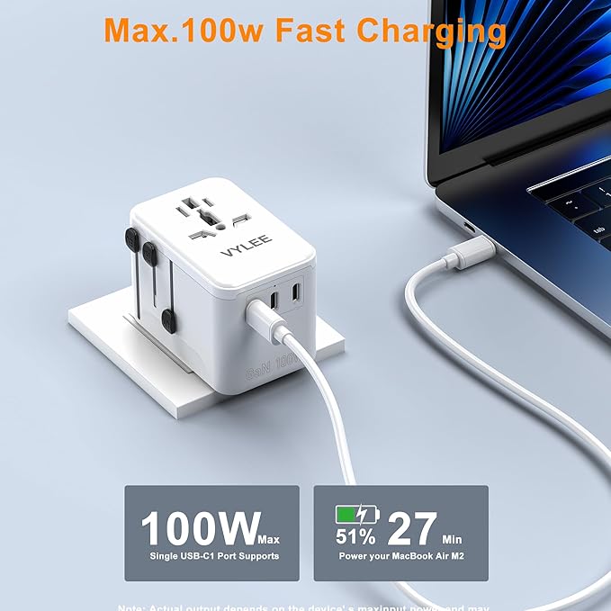 VYLEE PD100W GaN Universal Travel Adapter, International Power Adapter in One, 3 USB C & 1 USB A & AC Outlet, Travel Adapter Worldwide Plug Adapter with USA EU UK AUS Plugs (White)