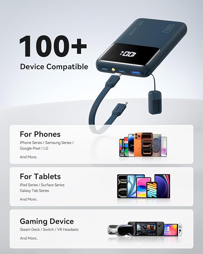 INIU Ultra Compact Portable Charger, 10000mAh 45W Fast Charging Power Bank with Detachable USB-C Cable & Stand, Flight-Safe Travel Battery Packfor iPhone, Samsung, Xiaomi, for Boys, Girls, Blue