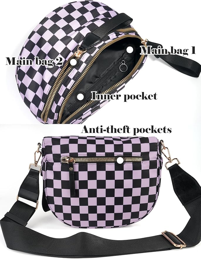 Black and White Checkered Crossbody Bag Bum Bag for Women,Spacious Checkered Purse Fanny Packs Belt Bag