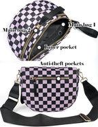 Black and White Checkered Crossbody Bag Bum Bag for Women,Spacious Checkered Purse Fanny Packs Belt Bag