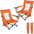 HaSteeL Folding Beach Chair Set of 2, Foldable Orange Camping Chairs for Outside, Low Beach Chair Portable for Adults Fishing, Picnic, Outdoor BBQ, Travel, Sports, Cup Holder & Storage Bag
