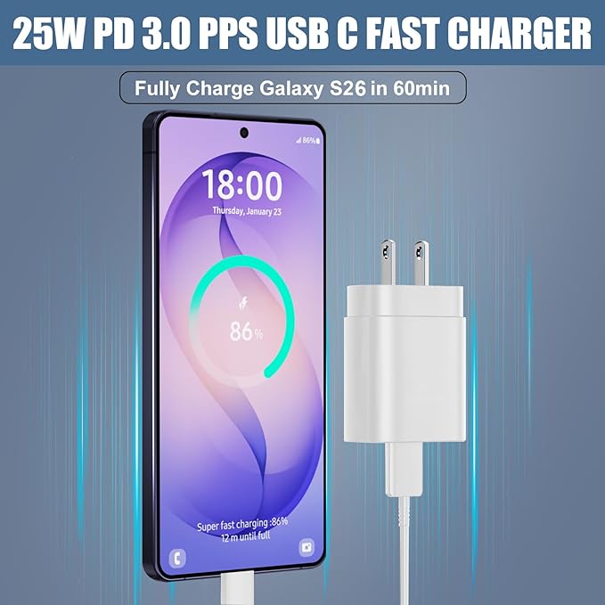 Super Fast Charger Type C,25W USB C Wall Charger Fast Charging Block for Samsung Galaxy S26/S25/S24/S24 Ultra/S24 Plus/S23/S23 Ultra/S23 Plus/S22/S22Ultra/S22+/Note 20/S20/S21 &10FT C Charger Cable