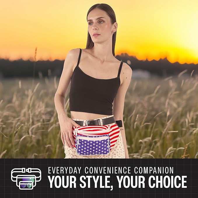 American Flag - 4th of July Fanny Pack Belt bag - Crossbody Waist Bag for Men or Women - Hands-Free, Waterproof Large Bumbag for Hiking, Running, and Travel