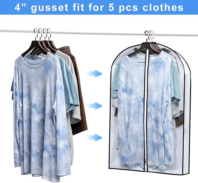 Mskitchen Hanging Clothes Storage with 4" Gusseted Garment Covers (Set of 6) - Clear Suit, Sweater, Shirt, Jacket Protectors for Closet - 24"x 32"x 4" / 6 Pack