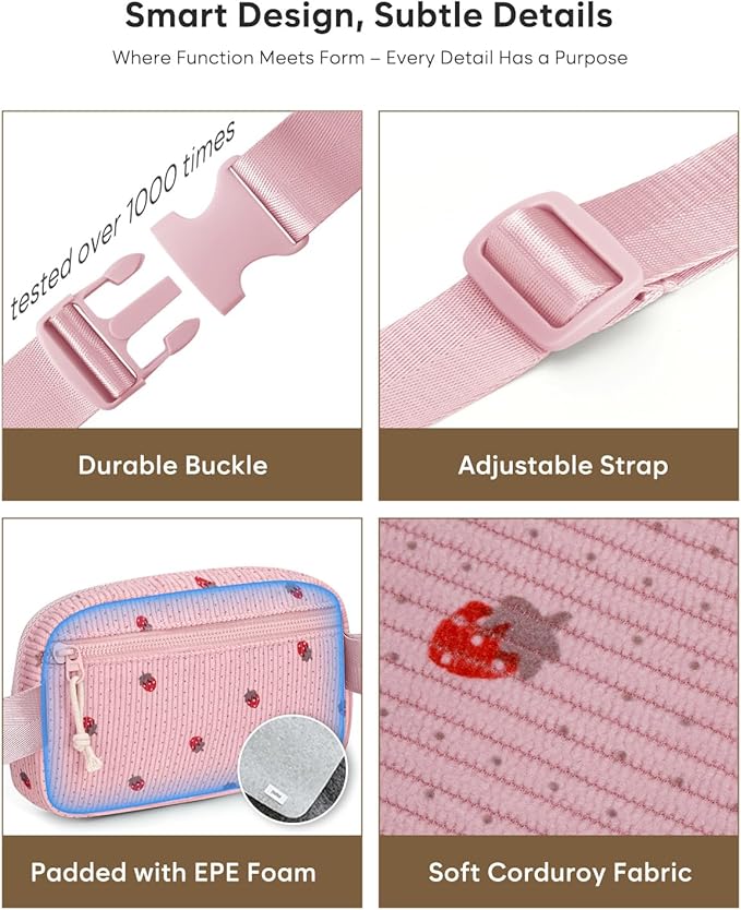 Pritent Fanny Packs for Women Cross Body Bag Waterproof Belt Bag with Adjustable Strap and Zipper Back Pocket Small Crossbody Bags Fashion Waist Packs for Workout Travelling(Strawberry Pink)