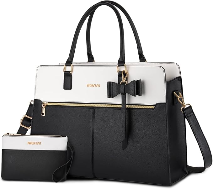 MOSISO Laptop Tote Bag for Women, 15.6 inch Waterproof PU Leather Work Bag with Clutch Purse & Bowknot, Large Capacity Handbag Shoulder Computer Bags Work Briefcase for Business Teacher Office, Black