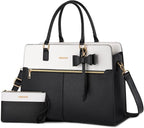 MOSISO Laptop Tote Bag for Women, 15.6 inch Waterproof PU Leather Work Bag with Clutch Purse & Bowknot, Large Capacity Handbag Shoulder Computer Bags Work Briefcase for Business Teacher Office, Black