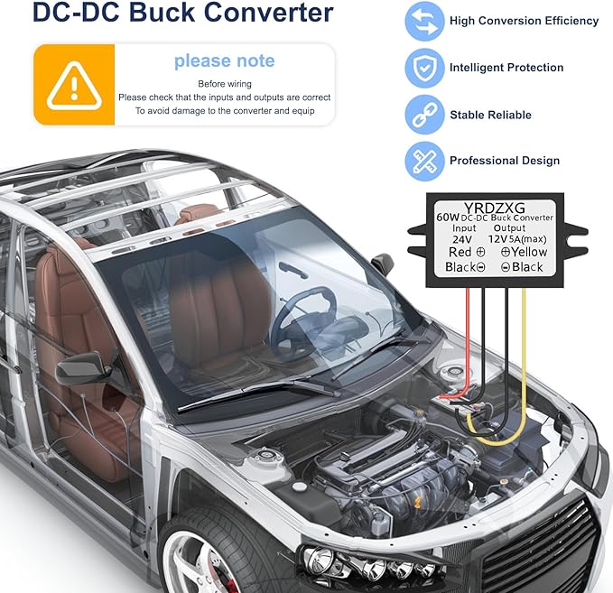 (3Pac) DC-DC 24V to 12V 5A 60W Buck Converter Power Regulator, Buck Converter, for Golf Carts, Cars, Trucks, LED Vehicle Display Vehicles