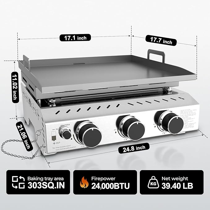 R.W.FLAME 3 Burner Tabletop Propane Griddle, 25" Stainless Steel, 24,000 BTU, Flat Top Grill for Outdoor BBQ, Camping & Patio