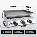 R.W.FLAME 3 Burner Tabletop Propane Griddle, 25" Stainless Steel, 24,000 BTU, Flat Top Grill for Outdoor BBQ, Camping & Patio