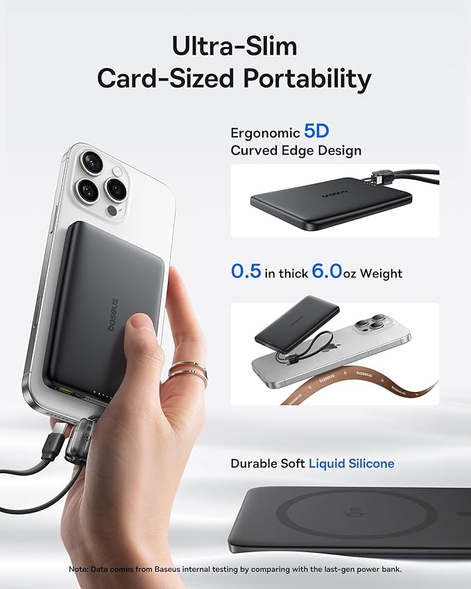 Baseus Picogo Qi2 15W Magsafe Portable Charger, 0.5" Ultra Slim 10000mAh Wireless Power Bank with 27W Built-in USB-C Cable, Magnetic Battery Pack for iPhone 17 Pro Max/17 Pro/Air/16/15/14/13/12
