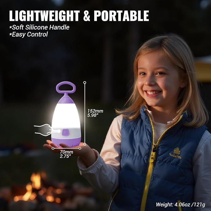 Kids Camping Lantern & Night Light Battery Powered, 360° Eye-Safe Light (AAA Included), IPX4 with RGB Modes Portable for Outdoor, Emergency , Gift for Children (Purple+Green 2 Pack)