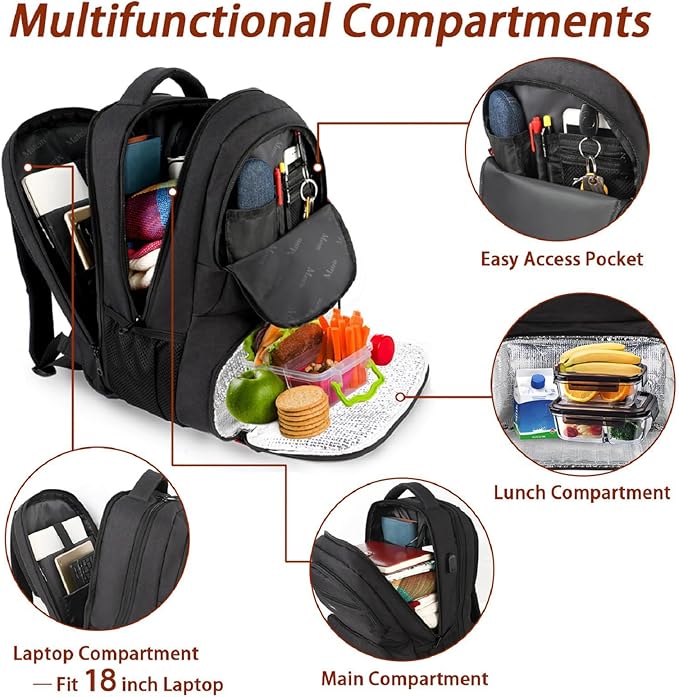 MATEIN Lunch Backpack for Men, 18 Inch Large Insulated Backpack Cooler with Lunch Compartment, Water Resistant Laptop Back pack with Lunch Box Bag for Work Travel Business College Picnic