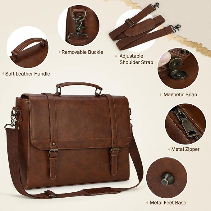 IGOLUMON Messenger Bag for Men 18 inch Vintage Leather Waterproof Laptop Briefcase Large Computer Laptop Bag Leather Satchel Bag Retro Shoulder Bag for Office Business Travel College, Brown
