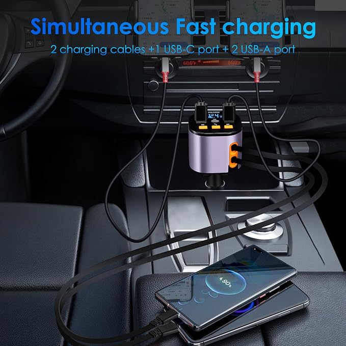 Retractable Car Charger,5 in 1 Fast Cars Phone Charger 90W,Bluetooth 5.3 FM Transmitter Adapter,Handsfree Call,2 Retractable Cables and USB Chargers for iPhone17/ 16/15/14/13/Samsung