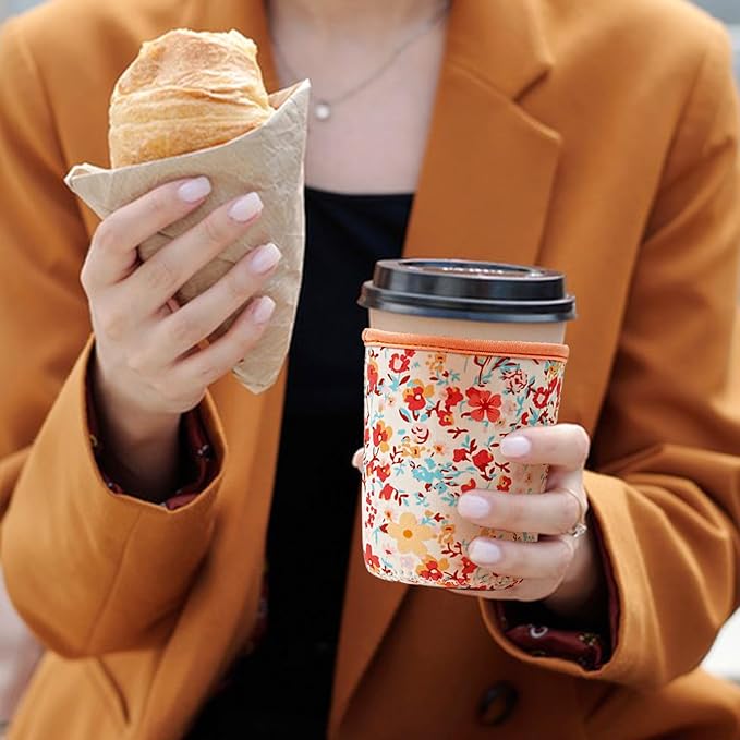 KJQJLY 3 Pack Reusable Iced Coffee Sleeves for Iced Coffee Cups or Drinks Reusable Neoprene Insulated Sleeves for Hot and Cold Drinks from Starbucks, Dunkin, And More (Light orange floral)
